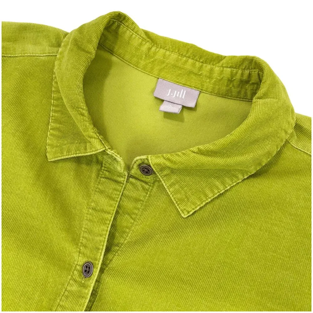 J Jill Corduroy Tunic Button Down Shirt Womens L Chartreuse Green Lightweight